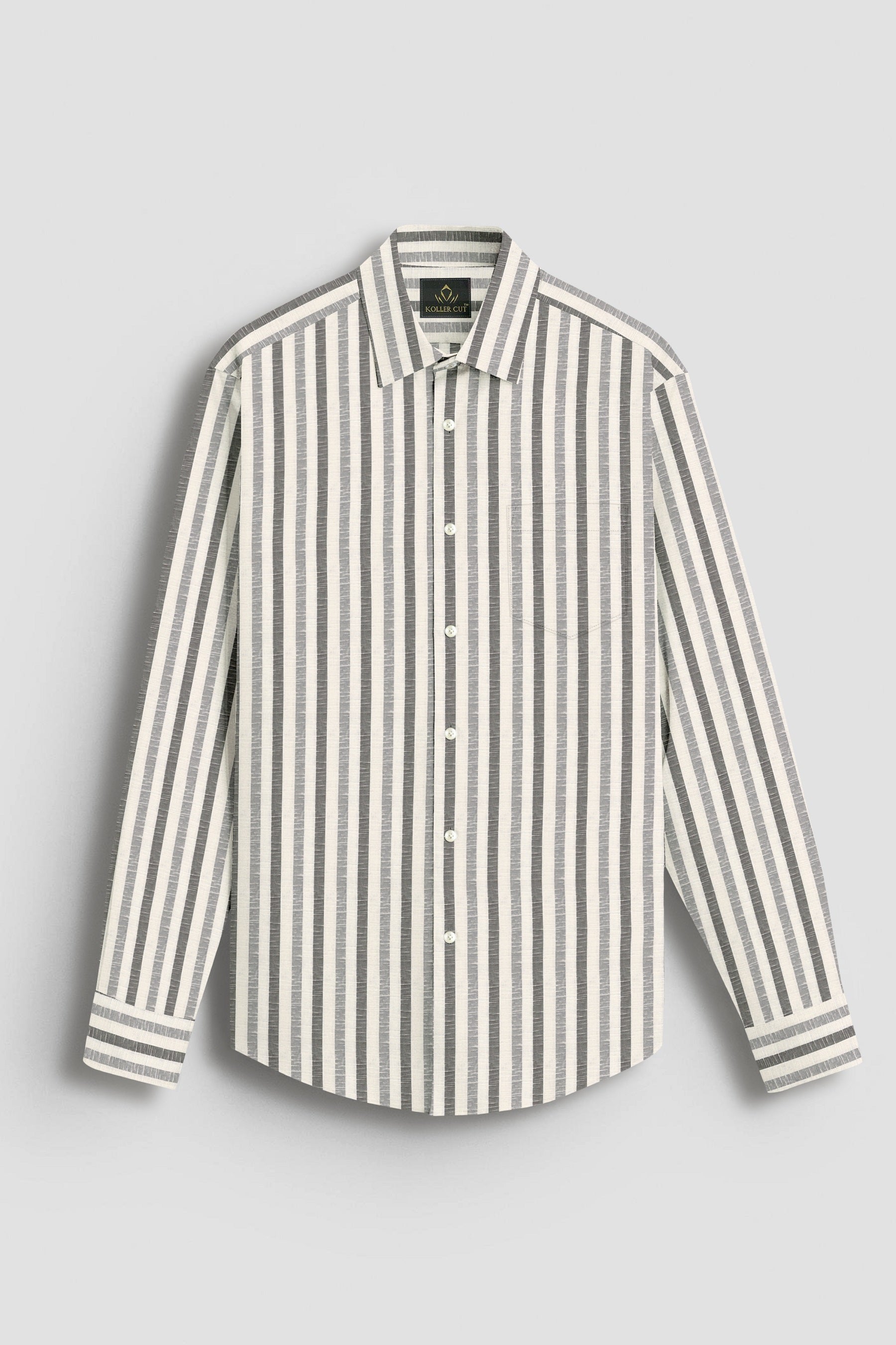 Beige with Cilantro Green and Titanium Gray Multitrack Stripes Cotton Linen Shirt
