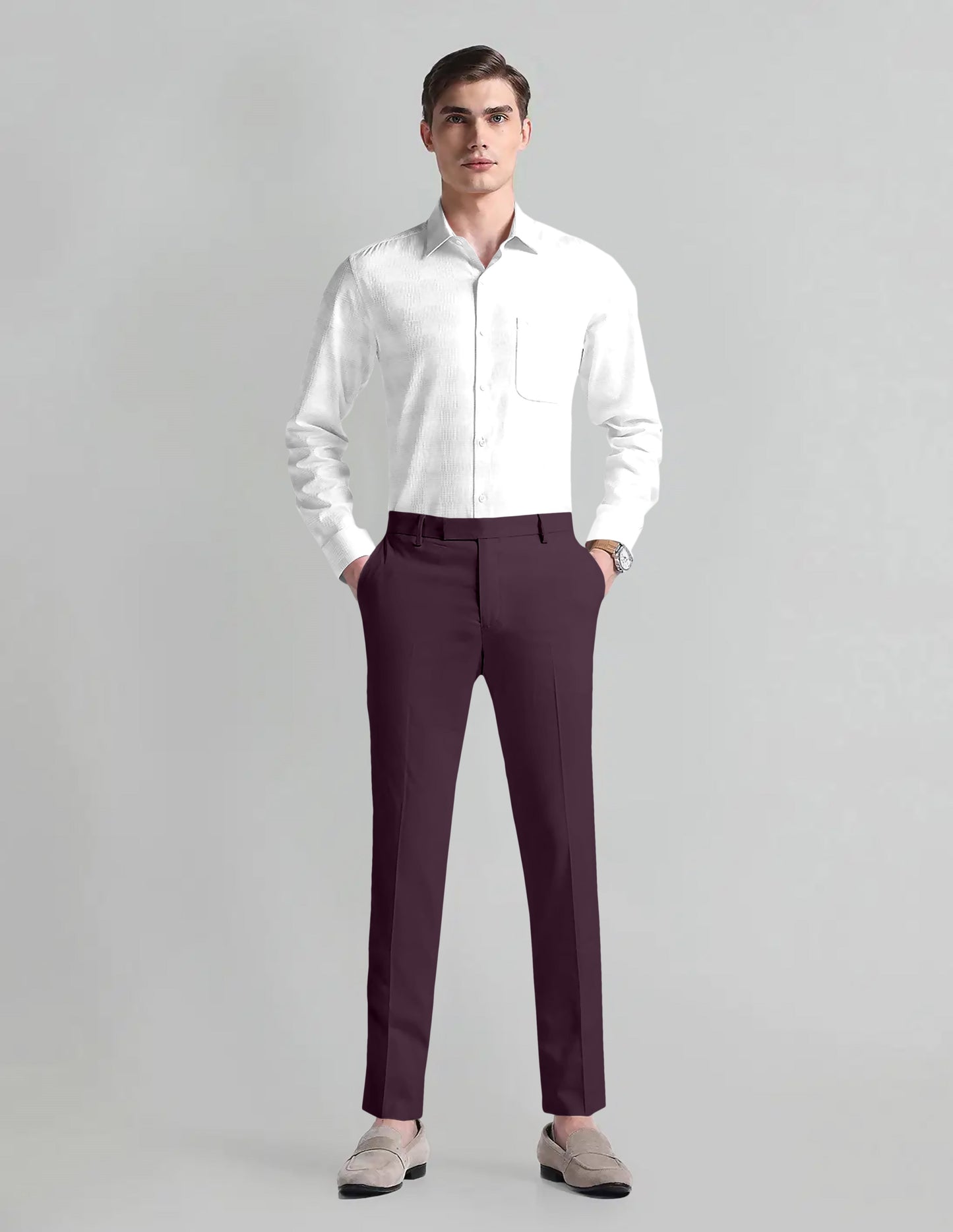 Wine Purple Solid Wool Blend Pant