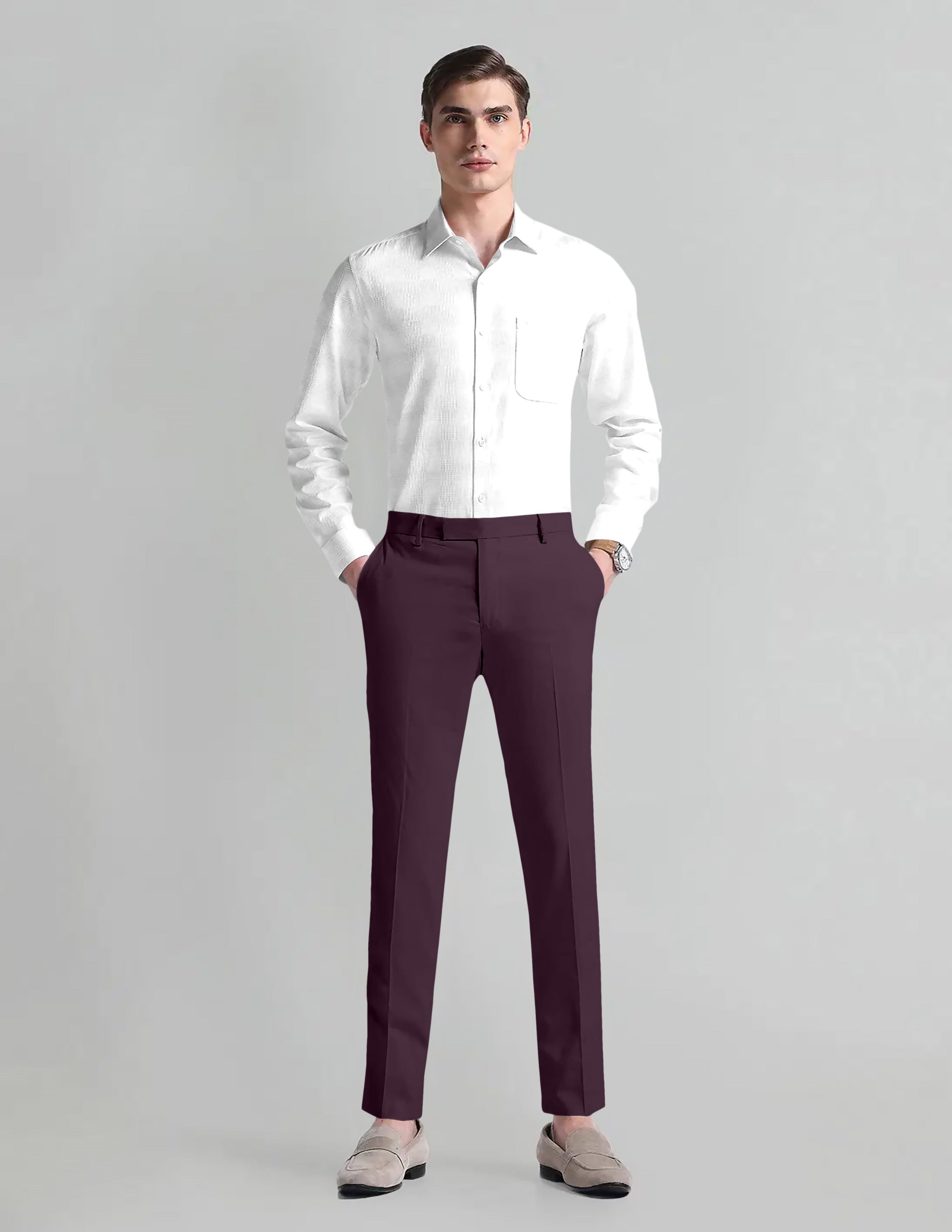 Wine Purple Solid Wool Blend Pant