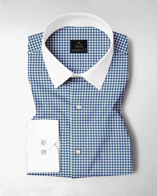 White and Baleine Blue Hounds Tooth Checks Designer Cotton Shirt