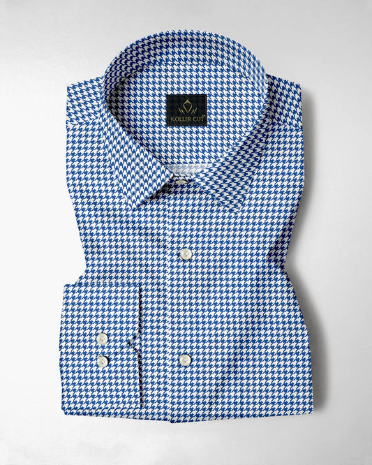 White and Baleine Blue Hounds Tooth Checks Cotton Shirt