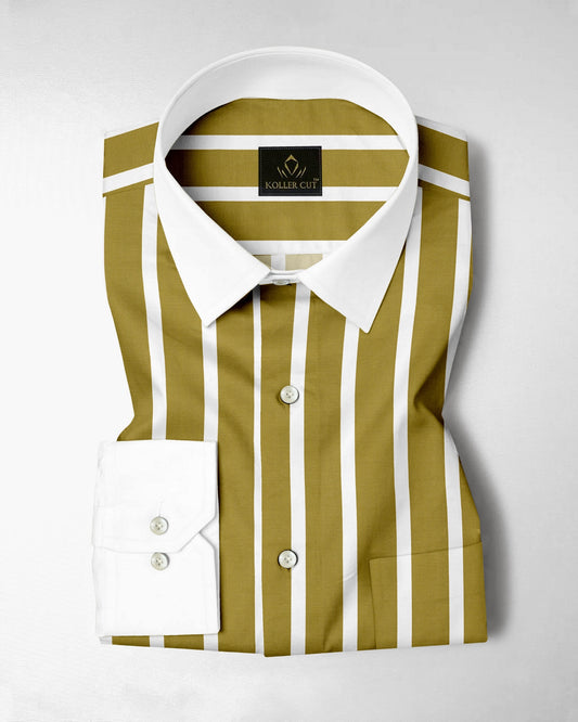 Golden Olive and White Wide Chalk Stripes Designer Cotton Shirt