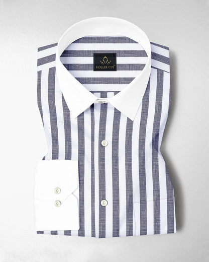 Porpoise Grey and Bright White Awning Stripes Designer Cotton Linen Shirt