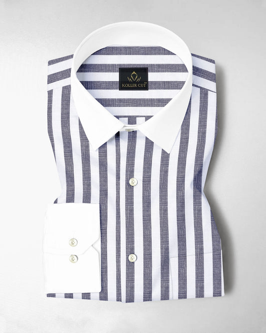 Porpoise Grey and Smoke White Awning Stripes Designer Cotton Linen Shirt  