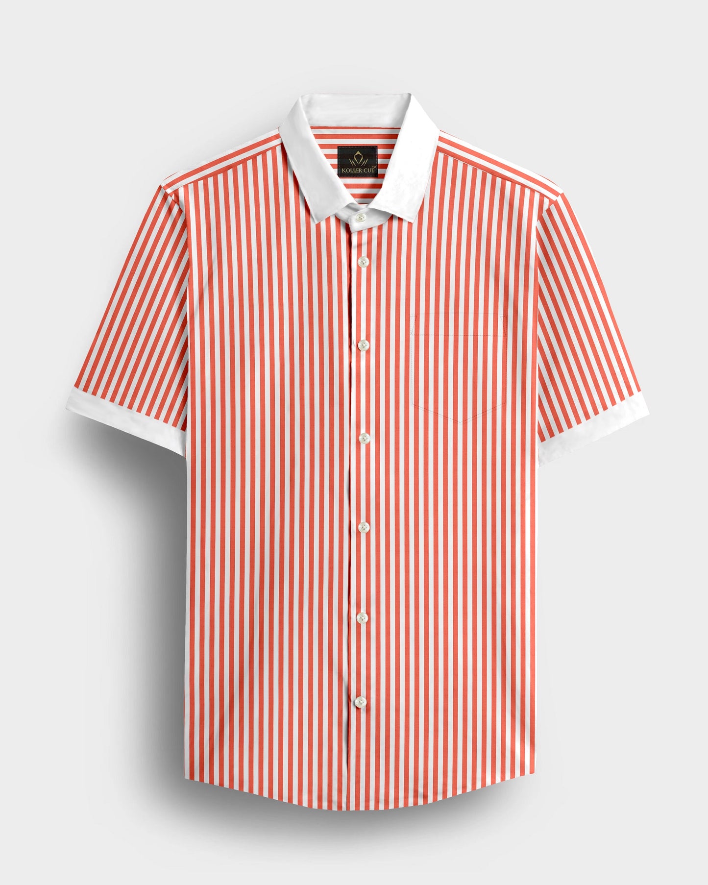 White and Celosia Orange Candy Stripes Designer Cotton Shirt