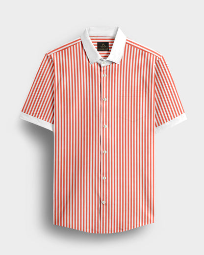 White and Celosia Orange Candy Stripes Designer Cotton Shirt