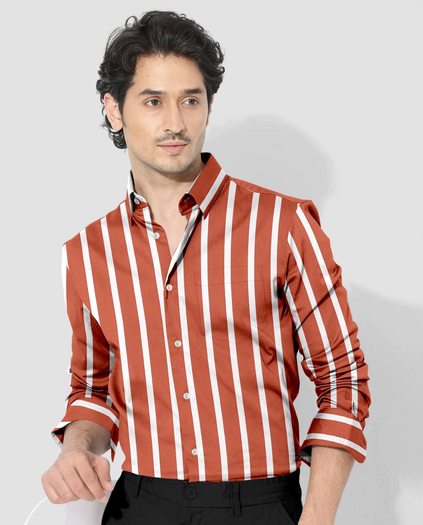 Celosia Orange and White Wide Chalk Stripes Cotton Shirt