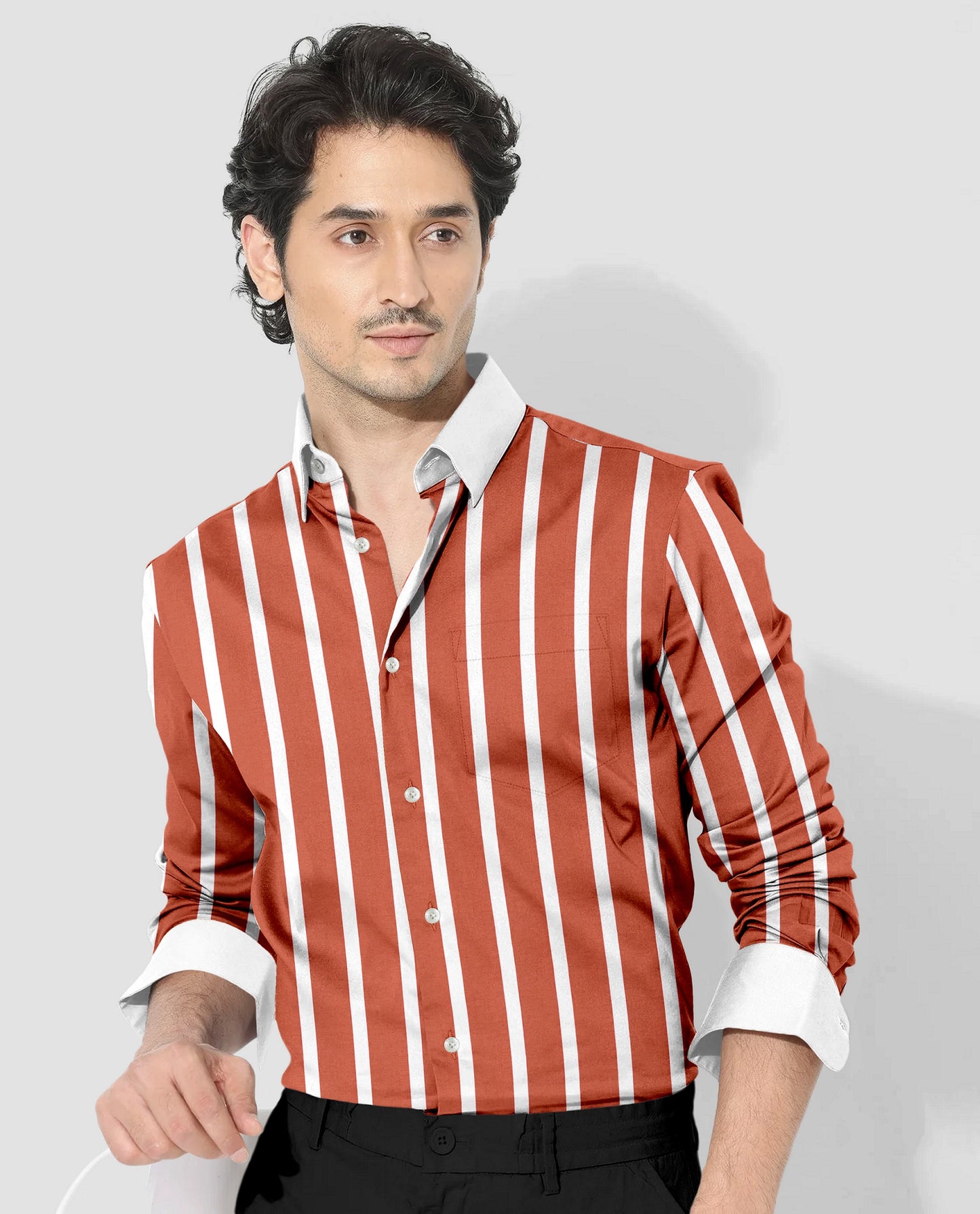 Celosia Orange and White Wide Chalk Stripes Designer Cotton Shirt