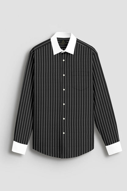 Ebony Black and Snow White Stripes Designer Oxford Cotton Shirt