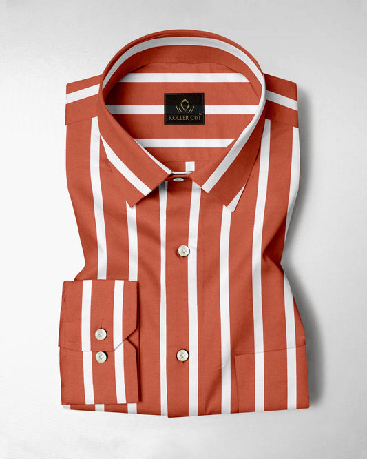 Celosia Orange and White Wide Chalk Stripes Cotton Shirt