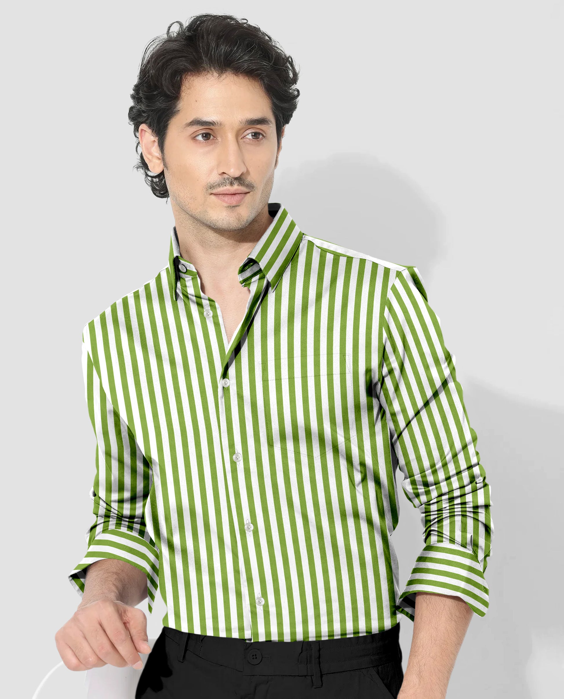 White and Kiwi Green Chalk Stripes Cotton Shirt
