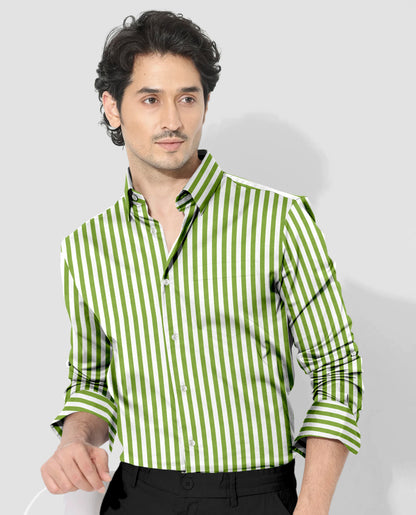 White and Kiwi Green Chalk Stripes Cotton Shirt