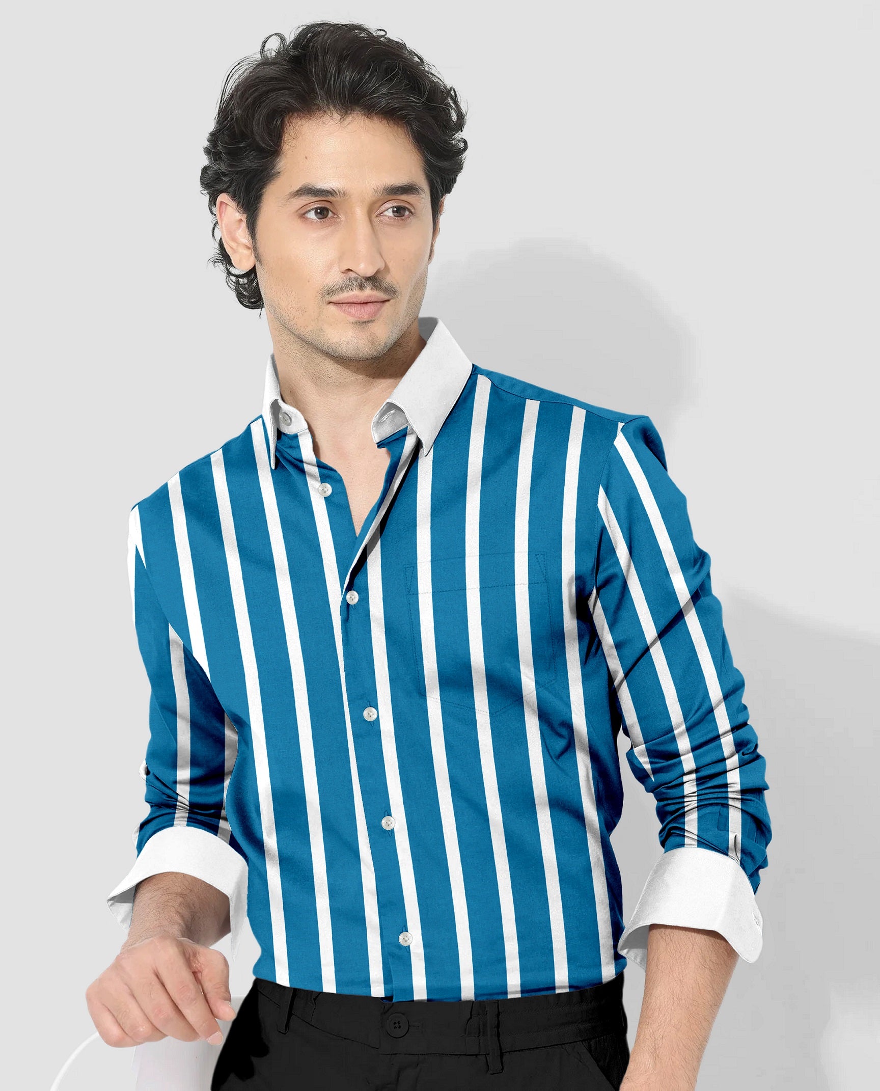 Bondi Blue and White Wide Chalk Designer Stripes Cotton Shirt