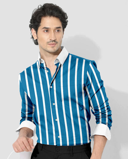 Bondi Blue and White Wide Chalk Designer Stripes Cotton Shirt