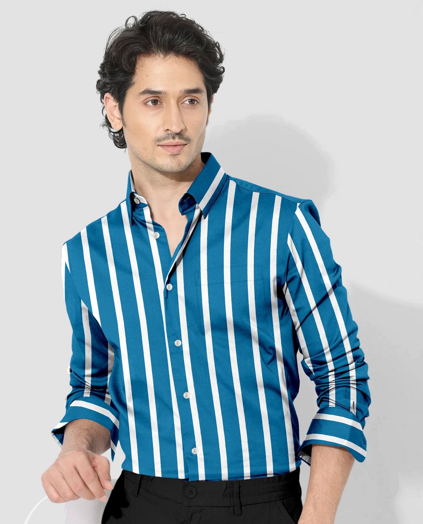 Bondi Blue and White Wide Chalk Stripes Cotton Shirt