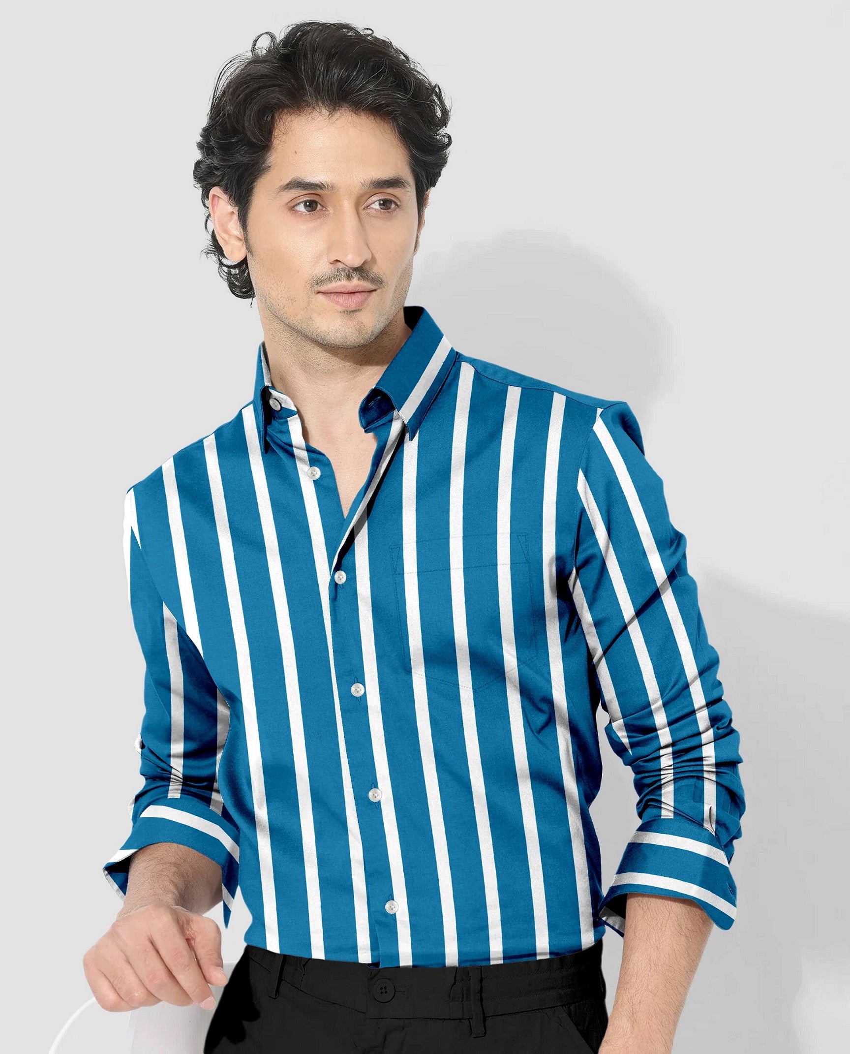 Bondi Blue and White Wide Chalk Stripes Cotton Shirt