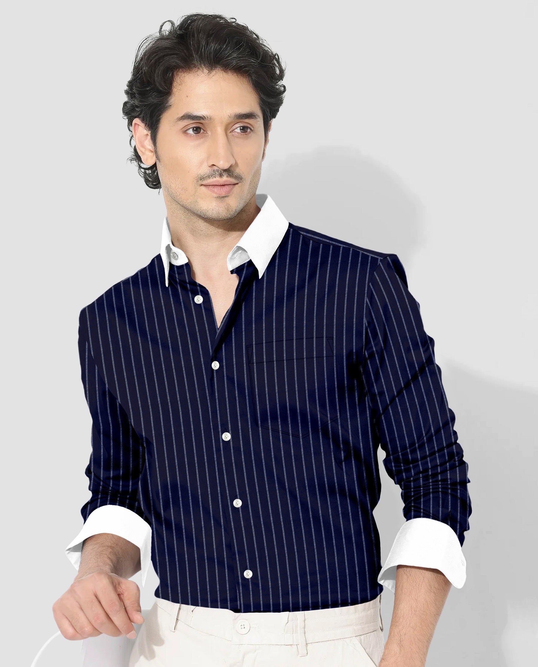 Oxford Blue and Snow White Stripes Designer Oxford Cotton Shirt