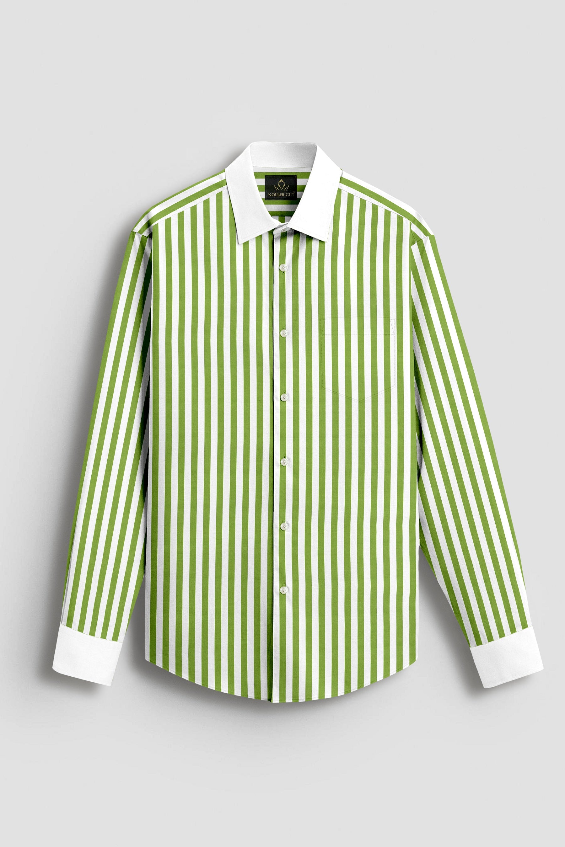 White and Kiwi Green Chalk Stripes Designer Cotton Shirt