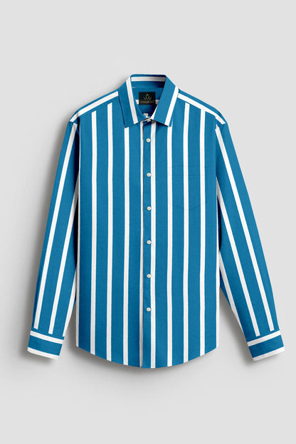 Bondi Blue and White Wide Chalk Stripes Cotton Shirt