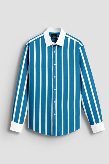 Bondi Blue and White Wide Chalk Designer Stripes Cotton Shirt