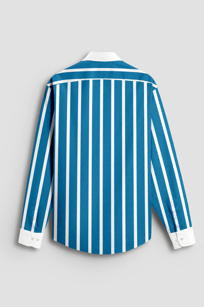 Bondi Blue and White Wide Chalk Designer Stripes Cotton Shirt