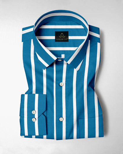Bondi Blue and White Wide Chalk Stripes Cotton Shirt