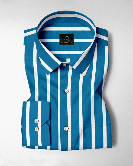 Bondi Blue and White Wide Chalk Stripes Cotton Shirt
