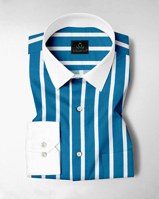 Bondi Blue and White Wide Chalk Designer Stripes Cotton Shirt