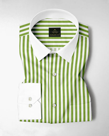 White and Kiwi Green Chalk Stripes Designer Cotton Shirt