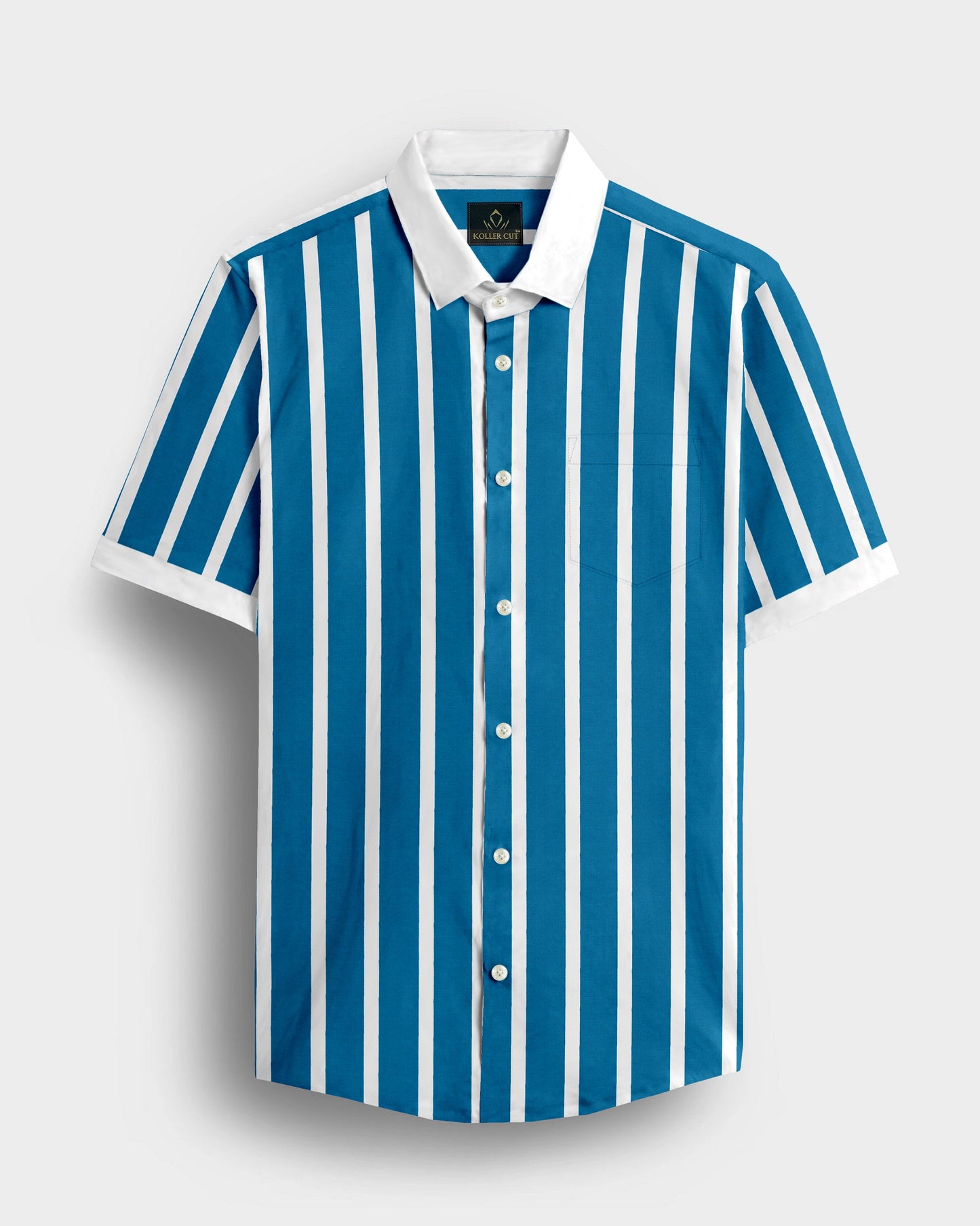 Bondi Blue and White Wide Chalk Designer Stripes Cotton Shirt