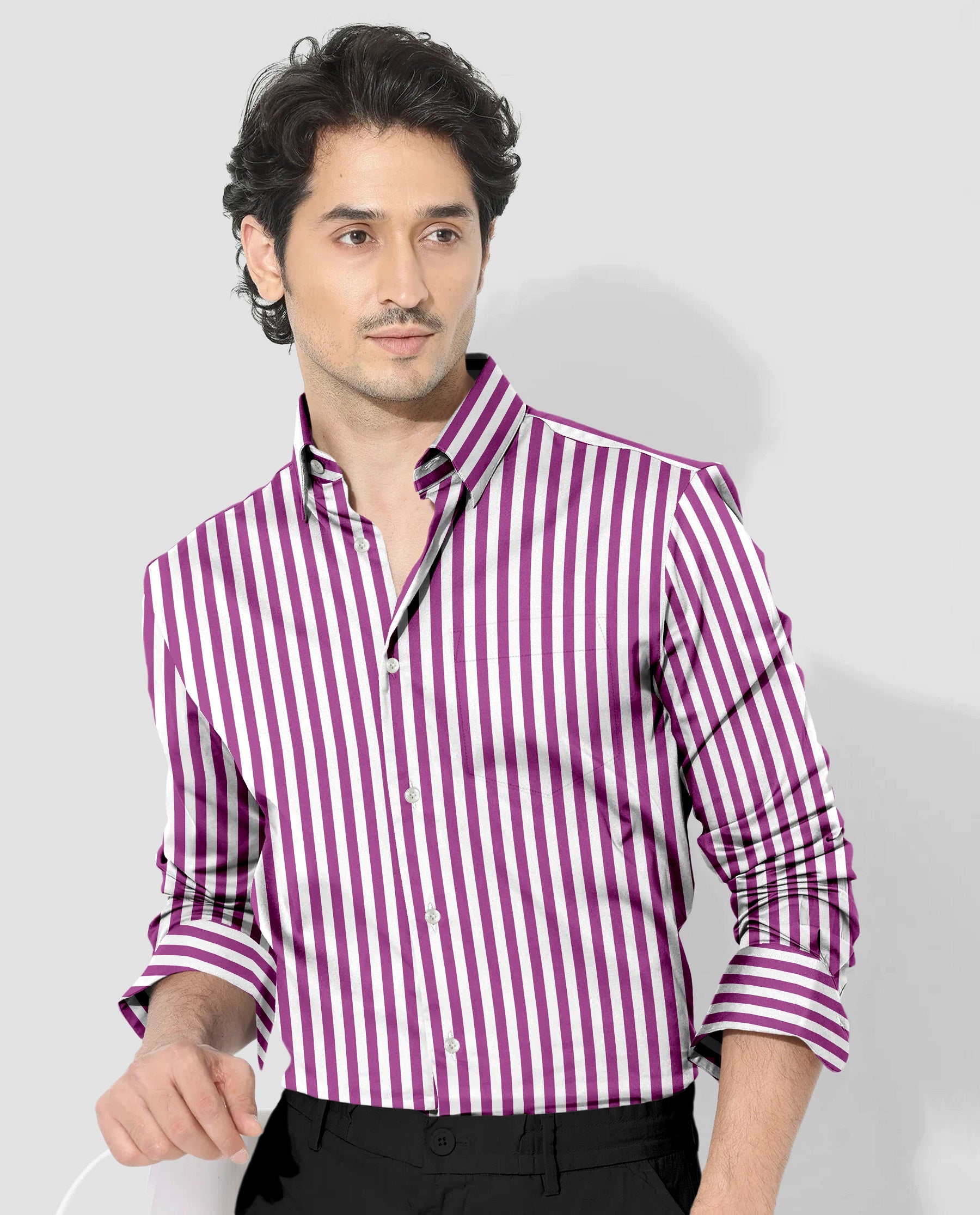 White and Grape Purple Chalk Stripes Cotton Shirt