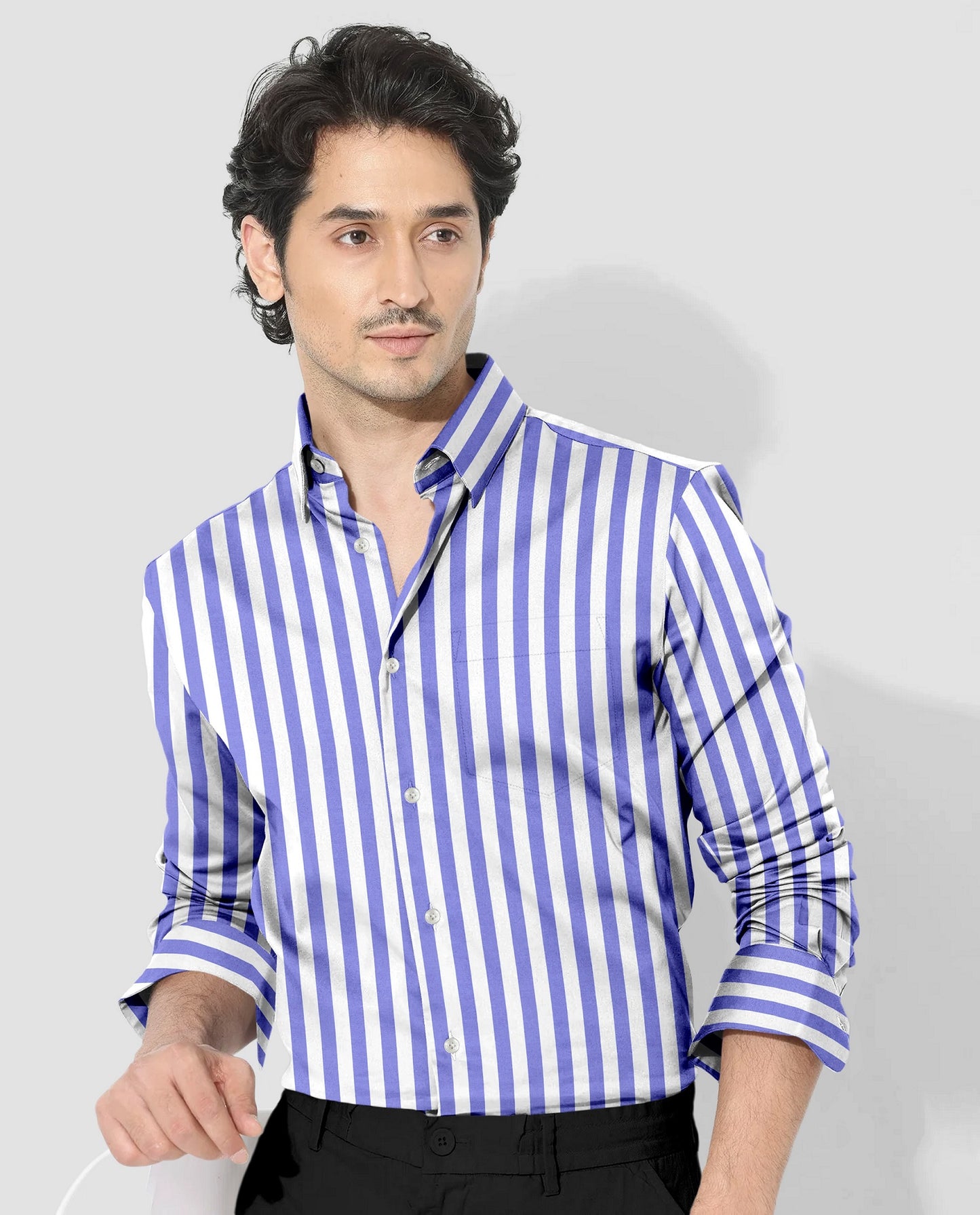 Iolite Blue and White Awning Stripes Cotton Shirt