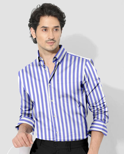 Iolite Blue and White Awning Stripes Cotton Shirt