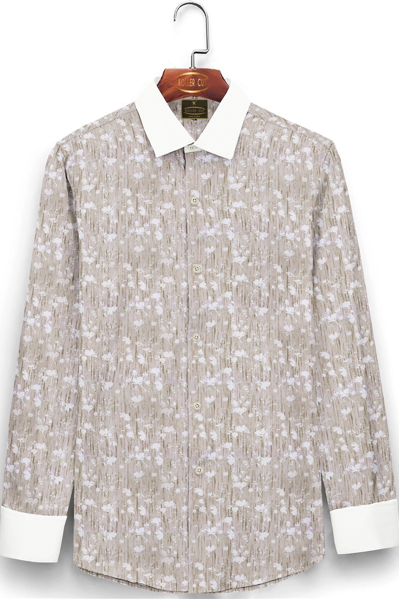 Beige with Brown and White Flower Printed Designer Giza Cotton Shirt