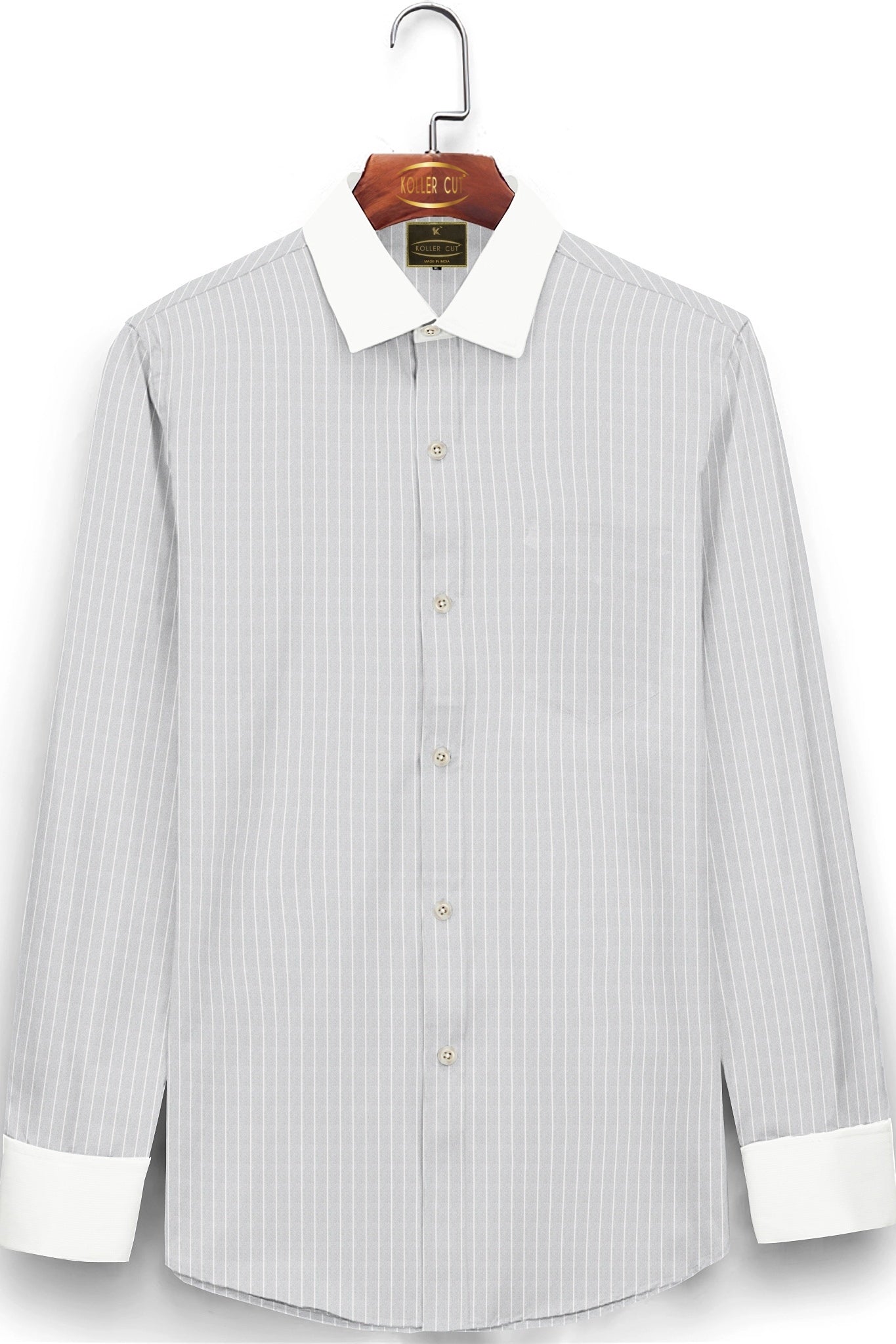 Fog Gray and White Pinstripes Designer Giza Cotton Shirt