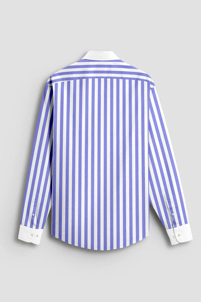 Iolite Blue and White Awning Stripes Designer Cotton Shirt