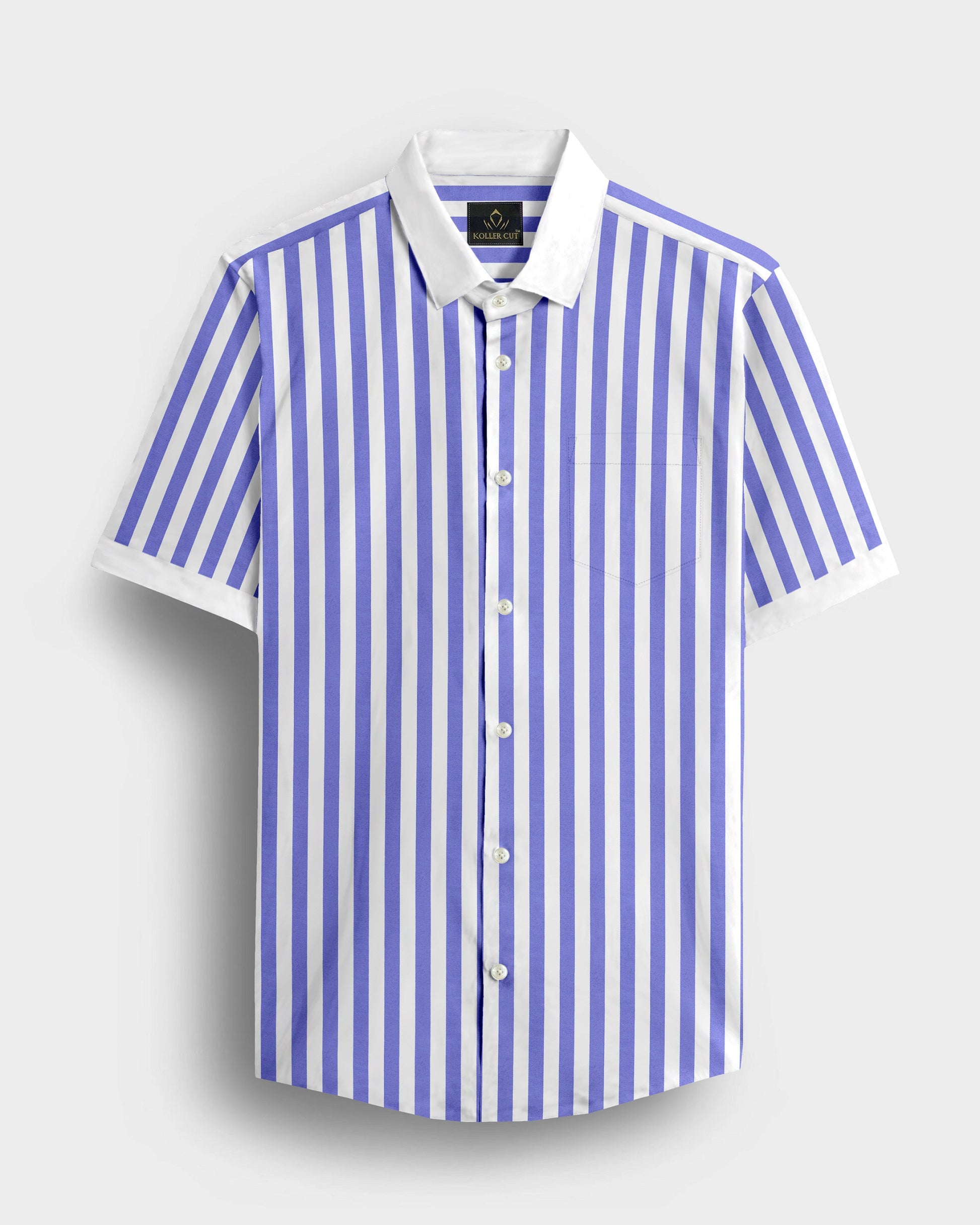 Iolite Blue and White Awning Stripes Designer Cotton Shirt