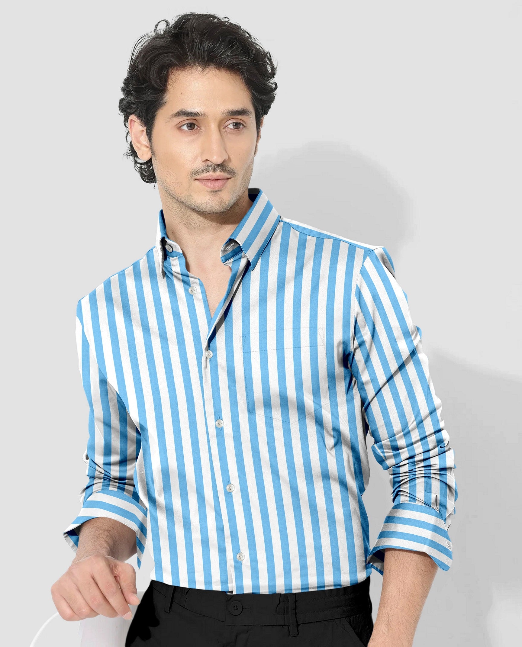 Cloisonne Blue and White Awning Stripes Cotton Shirt