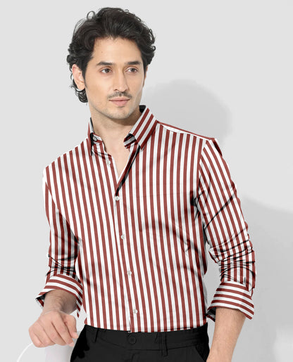 White and Russet Brown Chalk Stripes Cotton Shirt