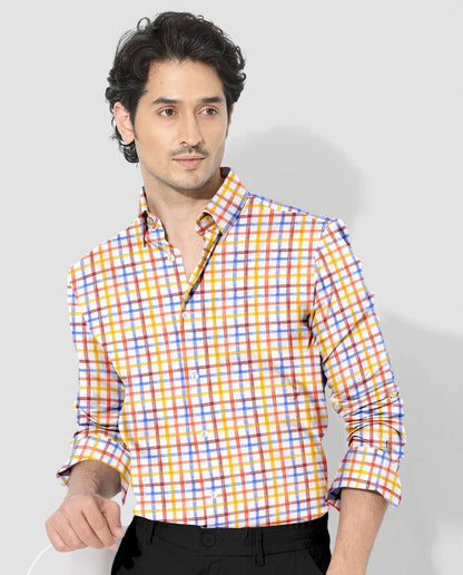 Salt White with Tangerine Orange and Indigo Blue Multicolored Checks Cotton Linen Shirt