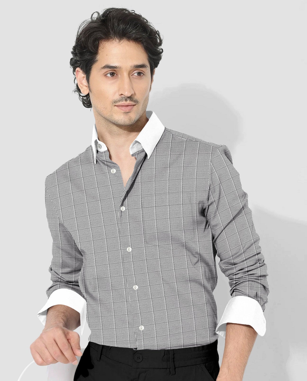 Coal Black and Frost White Checks Designer Cotton Shirt