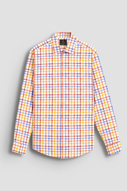 Salt White with Tangerine Orange and Indigo Blue Multicolored Checks Cotton Linen Shirt