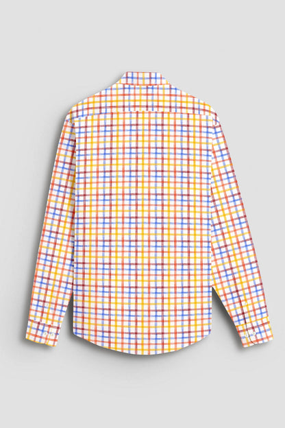 Salt White with Tangerine Orange and Indigo Blue Multicolored Checks Cotton Linen Shirt