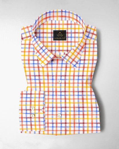 Salt White with Tangerine Orange and Indigo Blue Multicolored Checks Cotton Linen Shirt