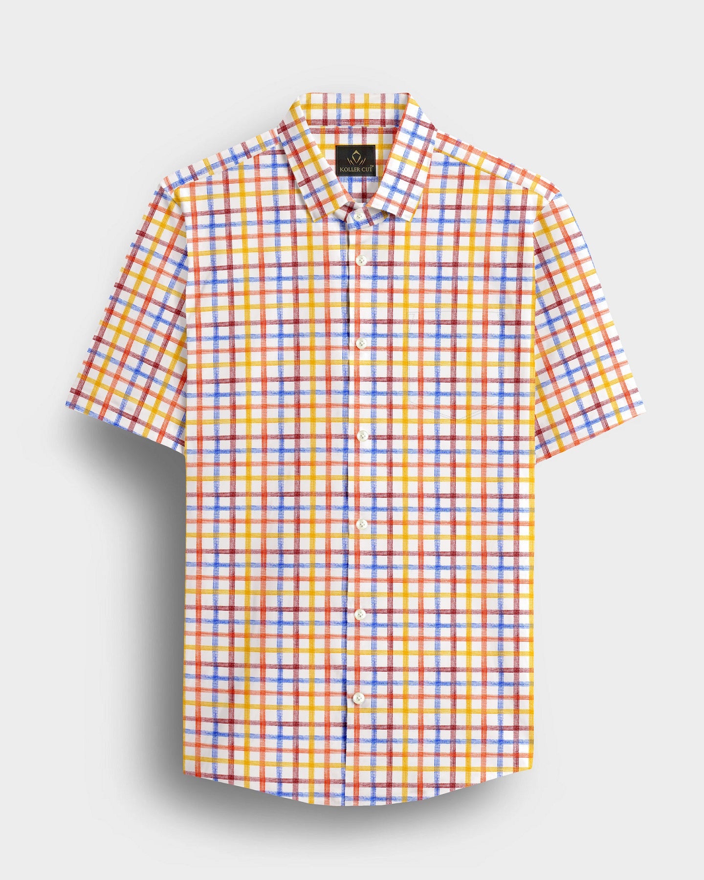Salt White with Tangerine Orange and Indigo Blue Multicolored Checks Cotton Linen Shirt