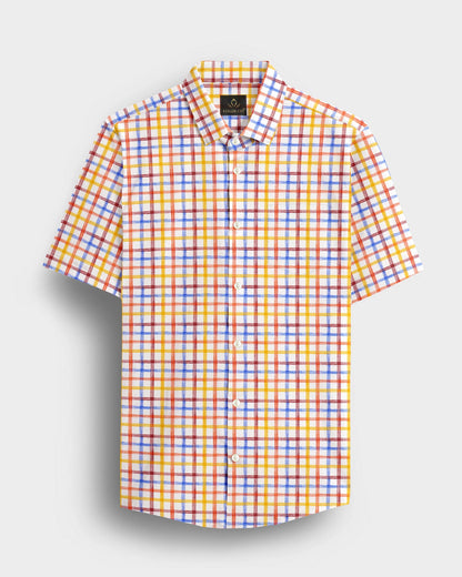 Salt White with Tangerine Orange and Indigo Blue Multicolored Checks Cotton Linen Shirt