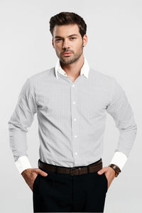 Fog Gray and White Pinstripes Designer Giza Cotton Shirt