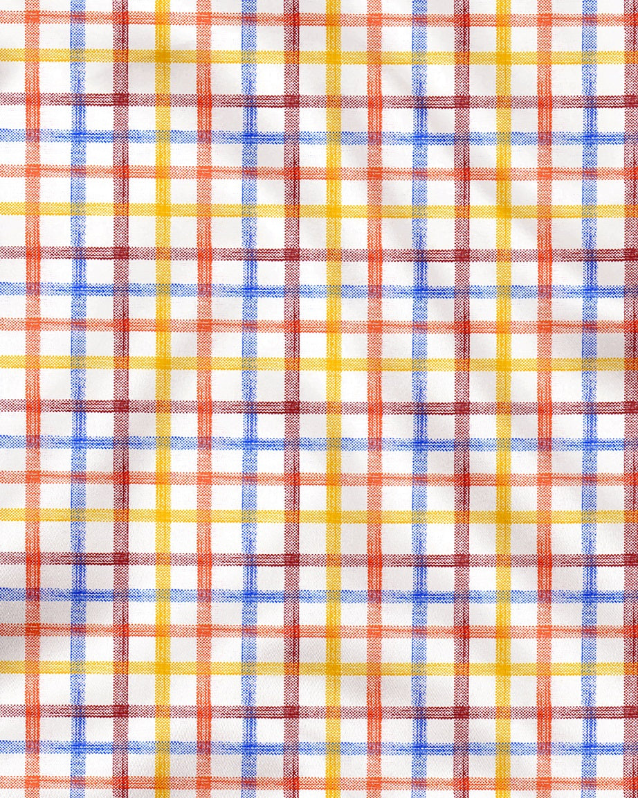 Salt White with Tangerine Orange and Indigo Blue Multicolored Checks Cotton Linen Shirt
