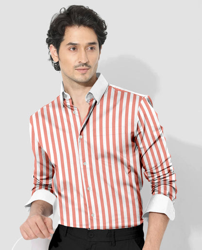 Apricot Blush Peach and White Awning Stripes Designer Cotton Shirt