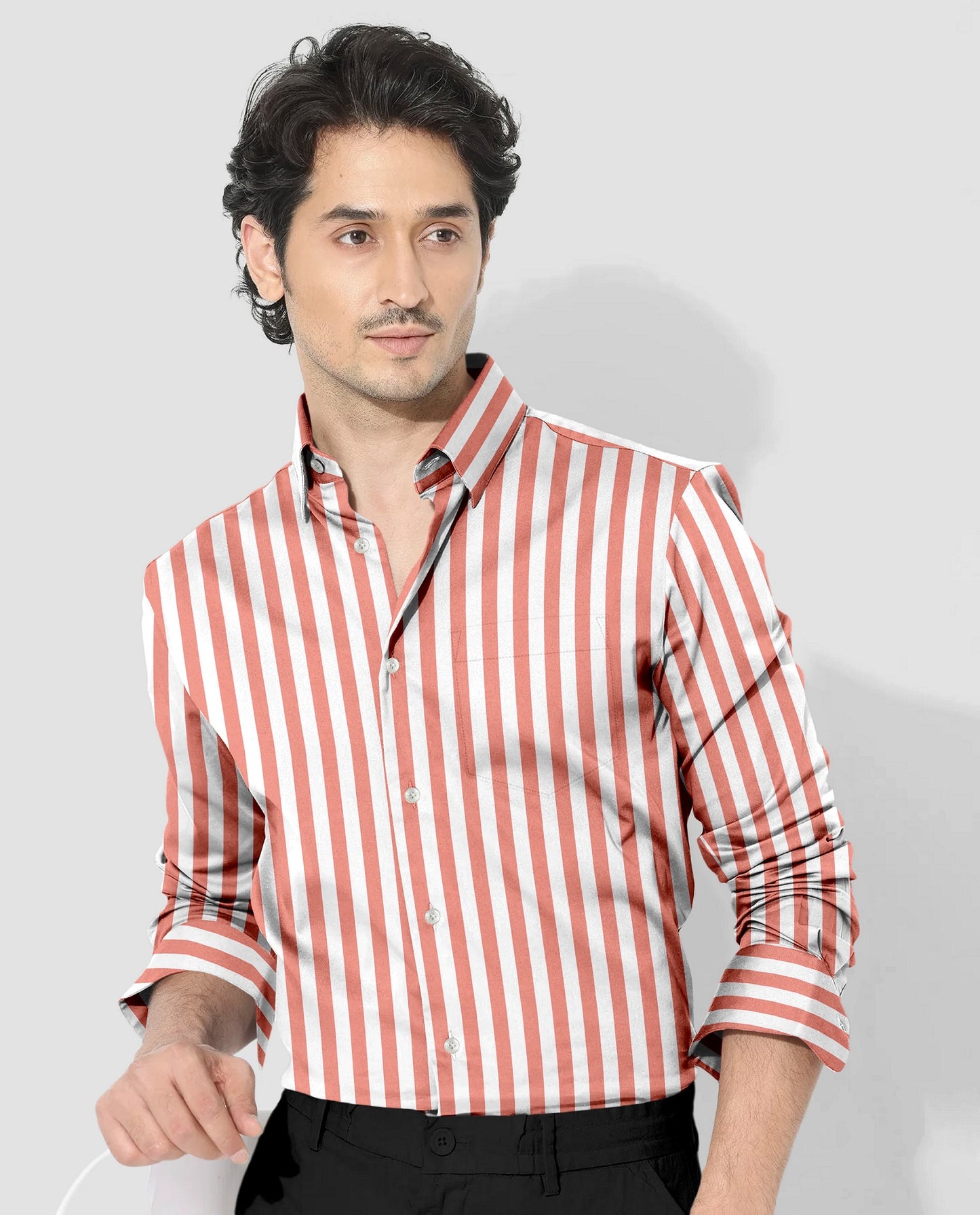 Apricot Blush Peach and White Awning Stripes Cotton Shirt